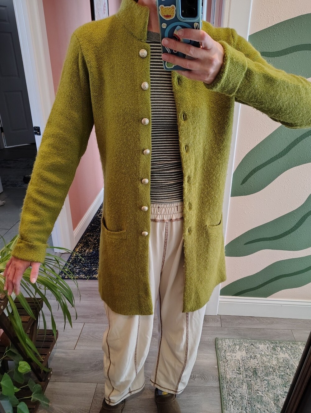 Adrienne Vittadini Olive Green Long Knit Cardigan with Pearl Buttons
